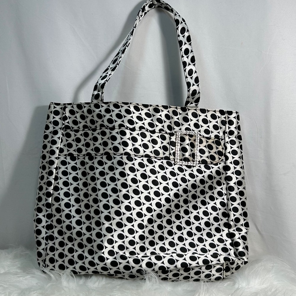 Murval Black White Circle Print Tote Bag Rhinestone Buckle Top Handle